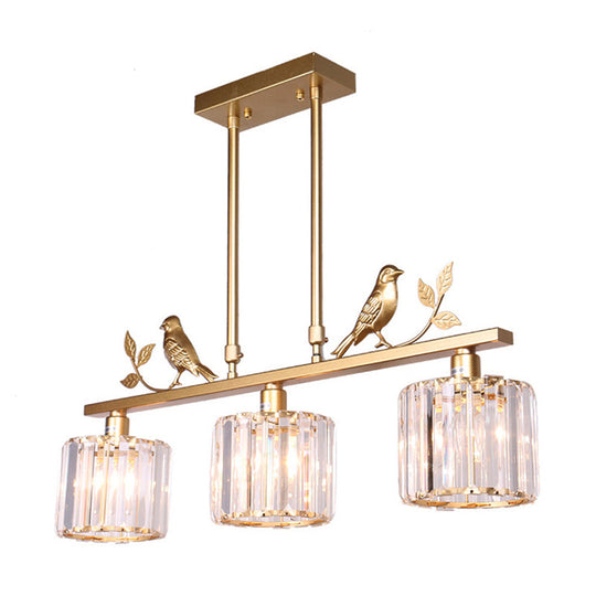 Crystal Prism Island Light Fixture With Lodge Pendant And Bird-Leaf Decor