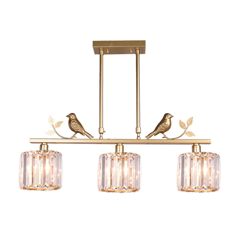 Crystal Prism Island Light Fixture With Lodge Pendant And Bird-Leaf Decor