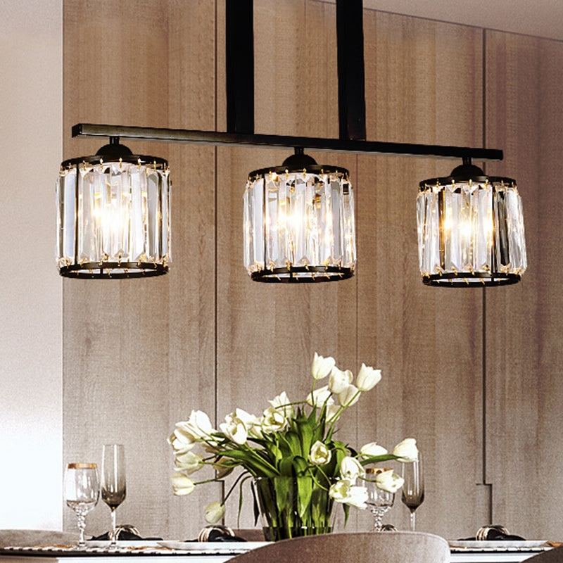 Rustic Black Cylindrical Island Pendant With 3 Lights & Prismatic Crystal Ideal For Tables