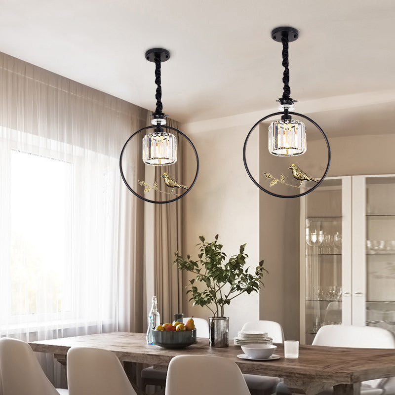 Bird-Enhanced Cylinder Crystal Pendant Light: Farmhouse Dining Room Lamp With Decorative Ring - 1