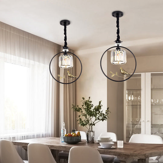 Bird-Enhanced Cylinder Crystal Pendant Light: Farmhouse Dining Room Lamp With Decorative Ring - 1