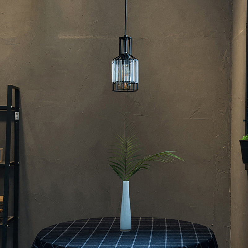 Industrial 1-Light Black Iron Wire Cage Bottle Pendant With Crystal - Dining Table Suspension Lamp /
