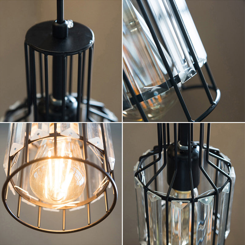 Industrial 1-Light Black Iron Wire Cage Bottle Pendant With Crystal - Dining Table Suspension Lamp