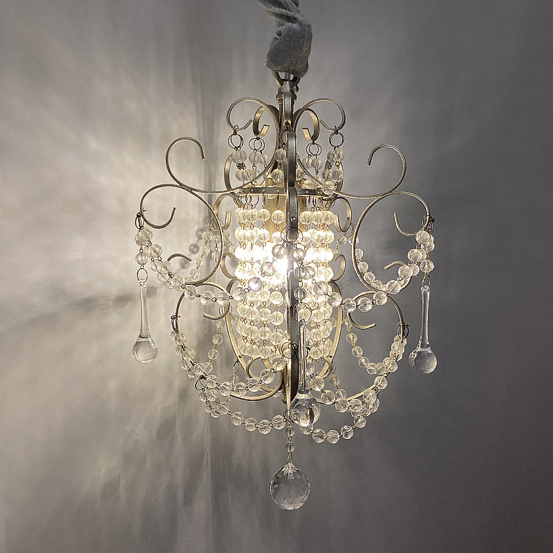 French Country Metal Scroll Bedside Pendant Light With Crystal Bead Silver
