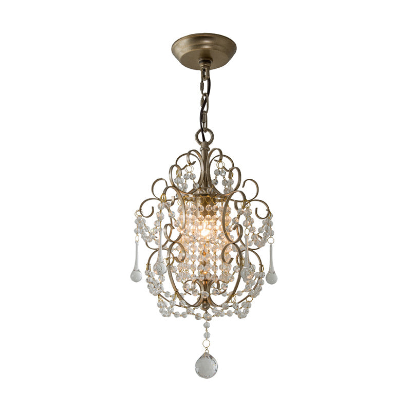 French Country Metal Scroll Bedside Pendant Light With Crystal Bead