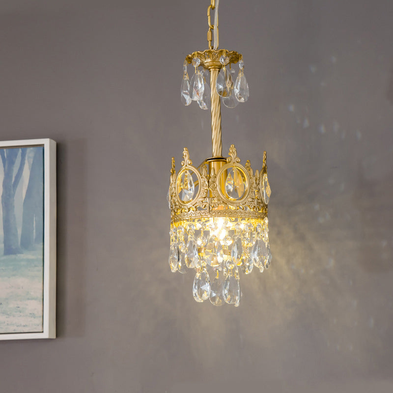 Antique Gold Crown Ceiling Pendant With Crystal Drops For Single Bedroom