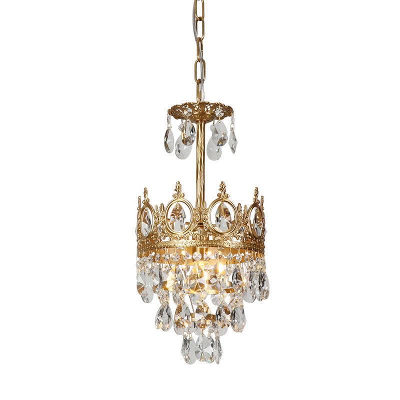 Antique Gold Crown Ceiling Pendant With Crystal Drops For Single Bedroom