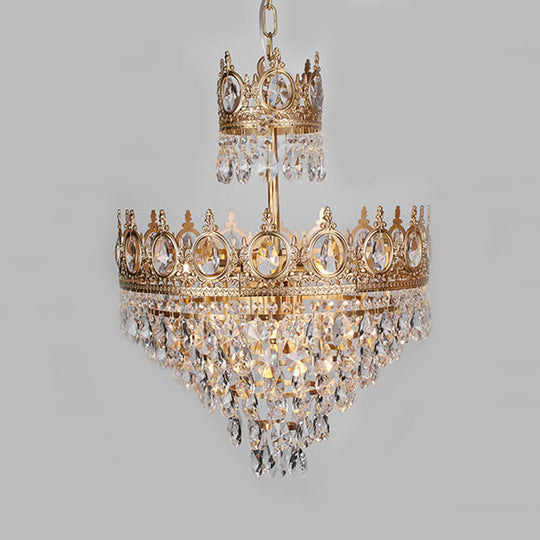 Antique Gold Crown Ceiling Pendant With Crystal Drops For Single Bedroom / 18