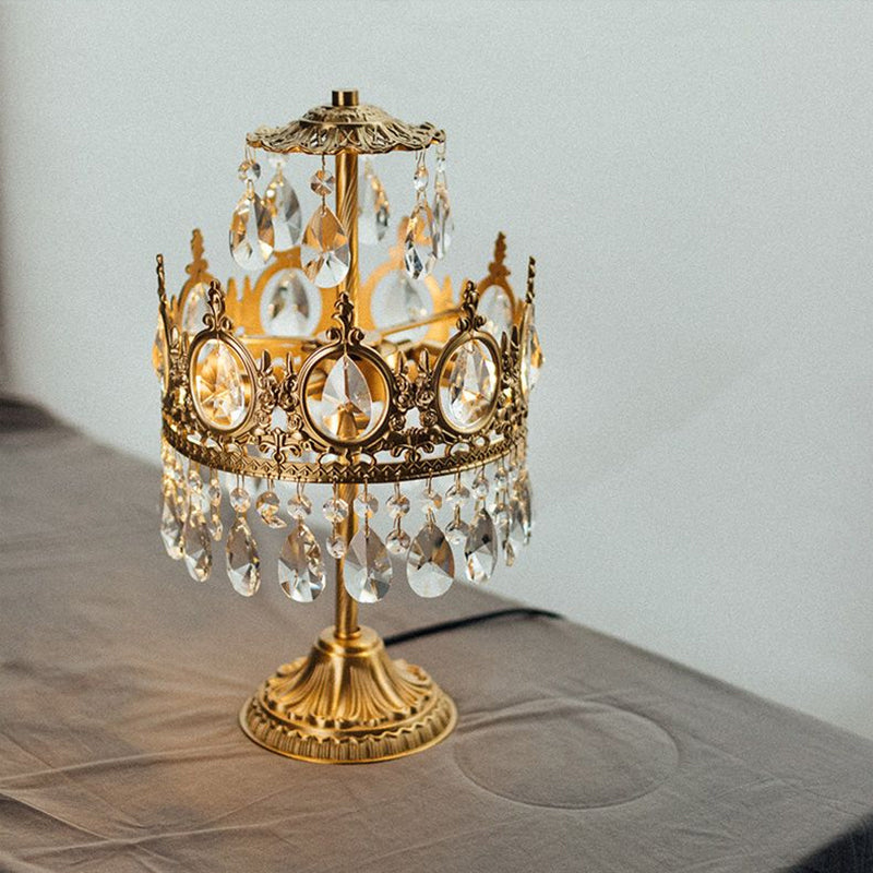 Antique Crown Crystal Nightstand Lamp - Single-Bulb Gold Table Light For The Bedroom
