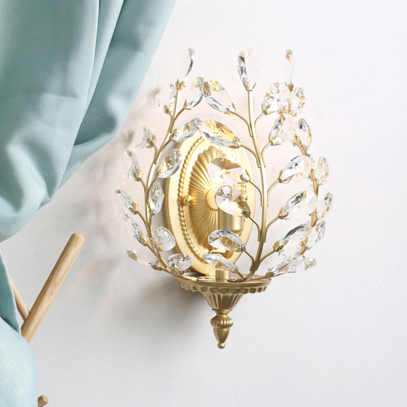 Gold Crystal Branch Wall Sconce For Countryside Living Room - 1 Head Lamp