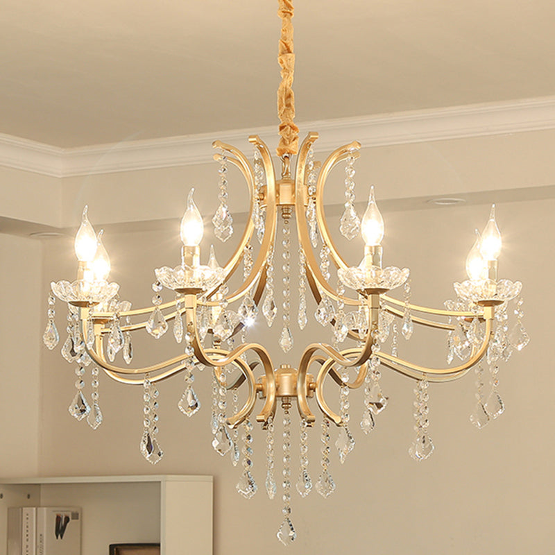 Metal Gold Plated Chandelier: Antique Style Hanging Ceiling Light With Crystal Draping