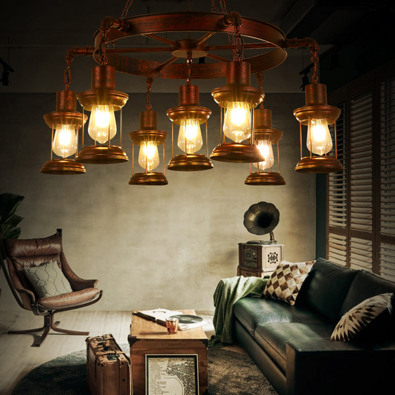 Coastal Metal Lantern Pendant Lamp With Weathered Copper Finish - 7 Lights Chandelier Fixture