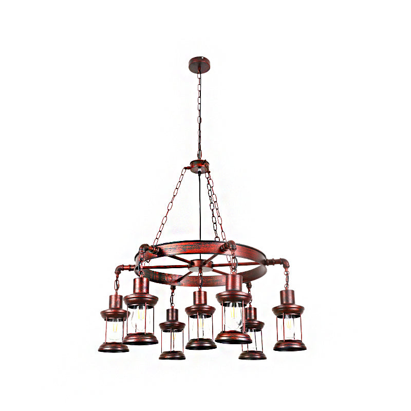 Coastal Metal Lantern Pendant Lamp With Weathered Copper Finish - 7 Lights Chandelier Fixture