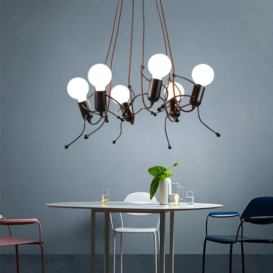 Metal Human Shape Chandelier Light - Industrial Black, Ceiling Hanging Fixture for Dining Room - 3/6 Bulbs