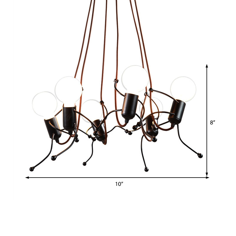 Metal Human Shape Chandelier Light - Industrial Black, Ceiling Hanging Fixture for Dining Room - 3/6 Bulbs