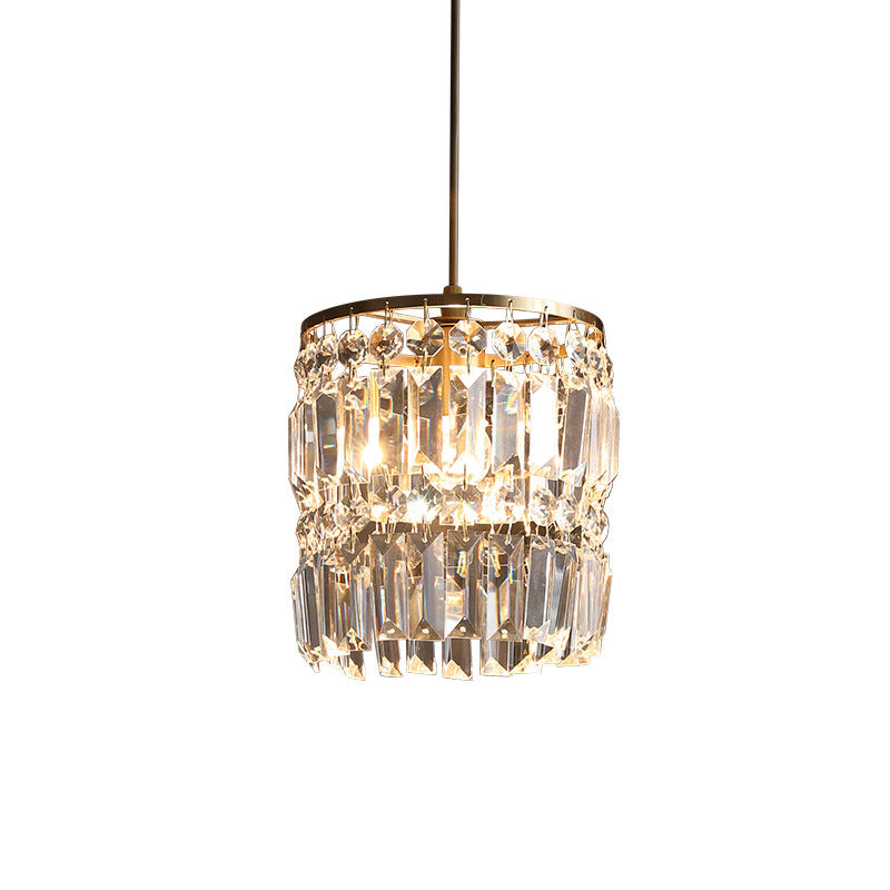 Modern Crystal Drum Chandelier with 2 Tiers, Gold Hanging Light for Bedroom