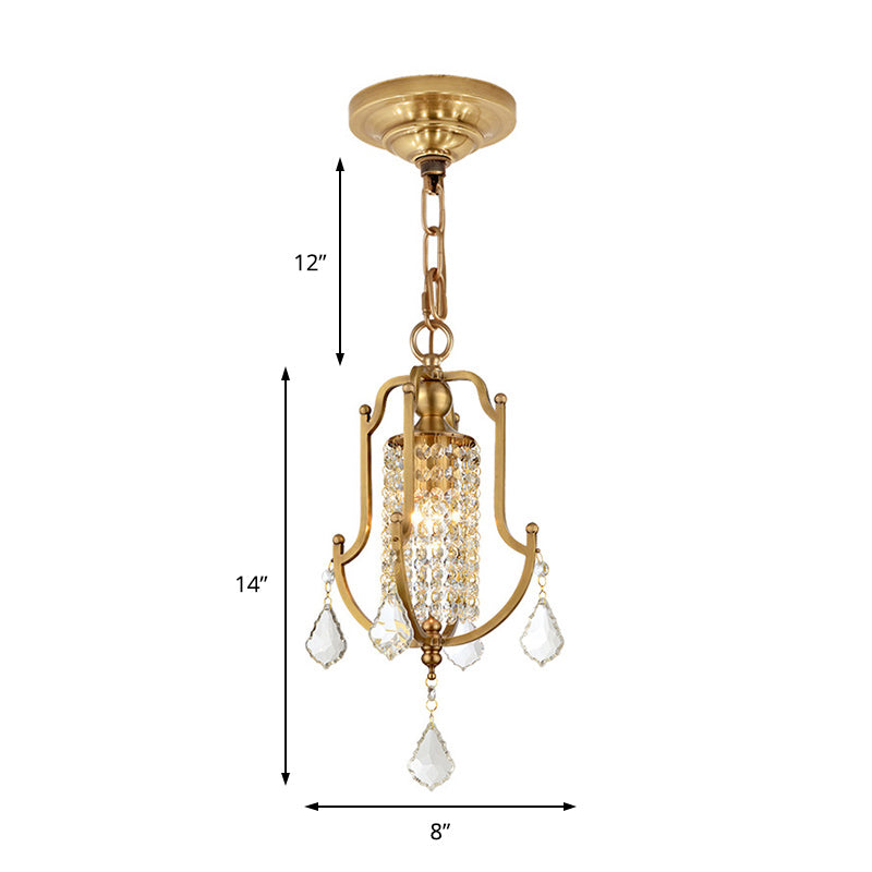 Lantern Frame Vintage Metal Pendant Light With Crystal Accent - Brass Hanging Lamp Kit