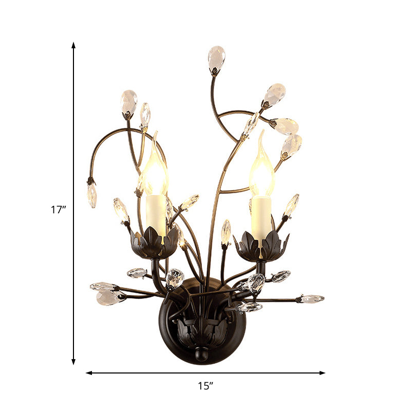 Antique Metal Wall Sconce With Crystal Accents - Elegant Black Flower Design 2 Lights Perfect For