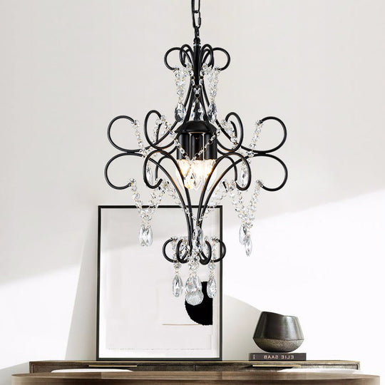 Vintage Black Pendant Light With Crystal Accents - Curve Arm Iron Suspension 3 Lights