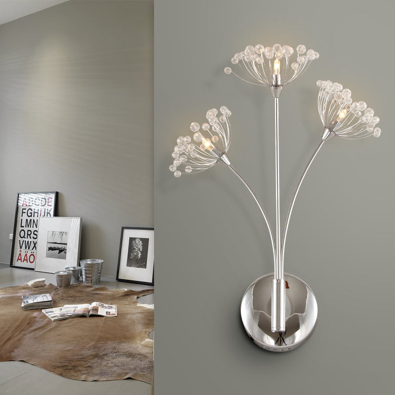 Modern Crystal Dandelion Wall Sconce Light - 3 Lights Silver Perfect For Office Room Chrome
