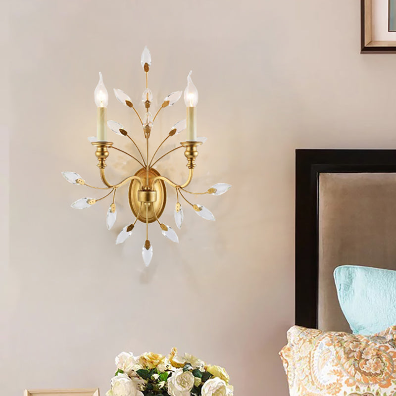 Rustic Brass Branch Wall Mount Light With Crystal Leaf Decoration - 2