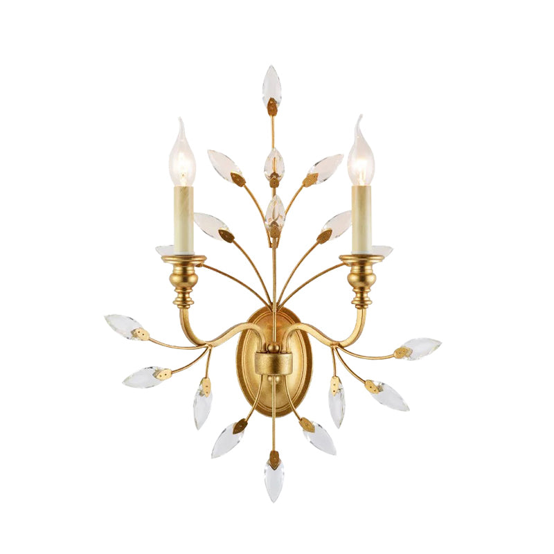 Rustic Brass Branch Wall Mount Light With Crystal Leaf Decoration - 2