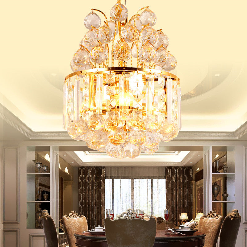 Modern Crystal Drum Chandelier - 3 Light Gold Hanging Ceiling Fixture For Dining Room