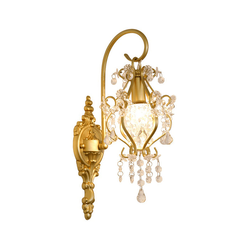 Modern Gold Metal Wall Sconce Light With Crystal Drop - 1 Corridor