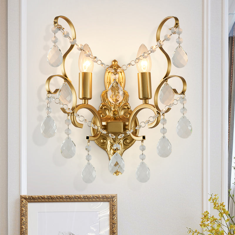 Modern Brass Wall Sconce With Teardrop Crystal - Flush Mount 1/2 Lights