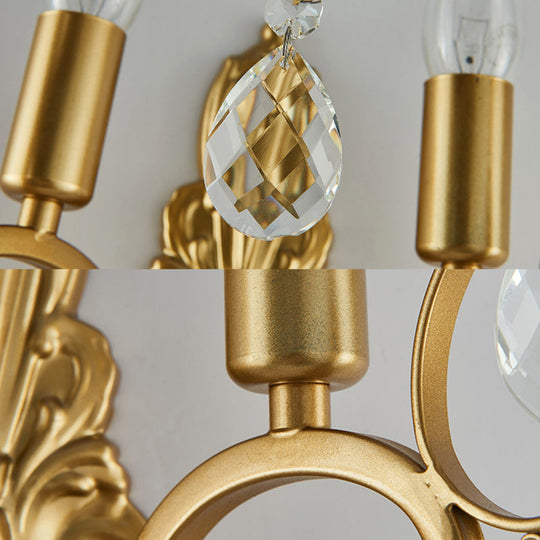 Modern Brass Wall Sconce With Teardrop Crystal - Flush Mount 1/2 Lights