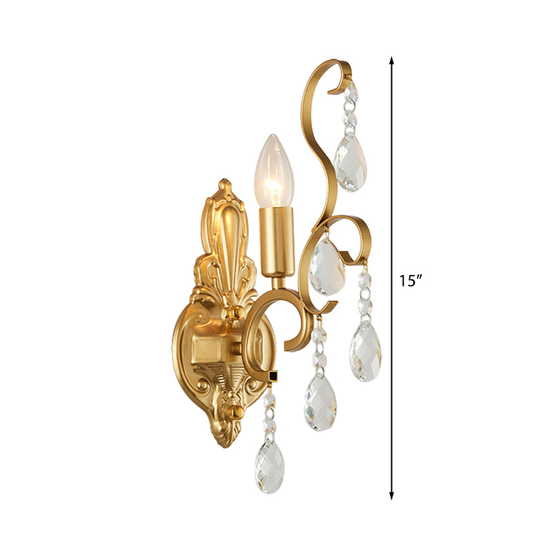 Modern Brass Wall Sconce With Teardrop Crystal - Flush Mount 1/2 Lights