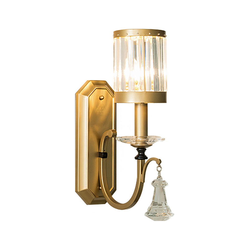 Modern Prismatic Crystal Cylinder Sconce Light - Elegant Brass Wall Mount For Living Room