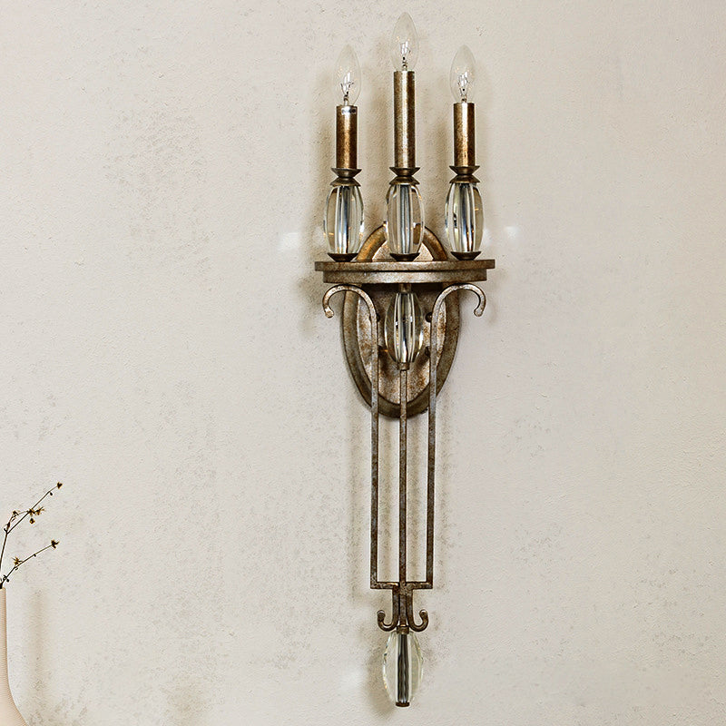 Vintage Aged Silver Candelabra Sconce With Crystal Drop - 3 Light Wall Mount Fixture