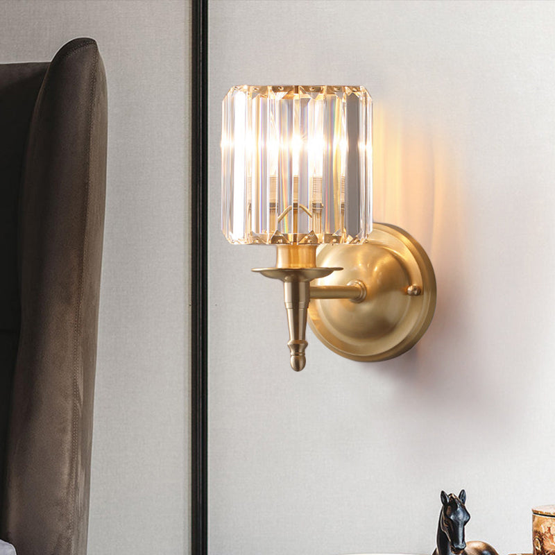 Modern Brass Cylinder Wall Light Sconce With Crystal Shade - 1/2 Lights Metal Mount 1 /