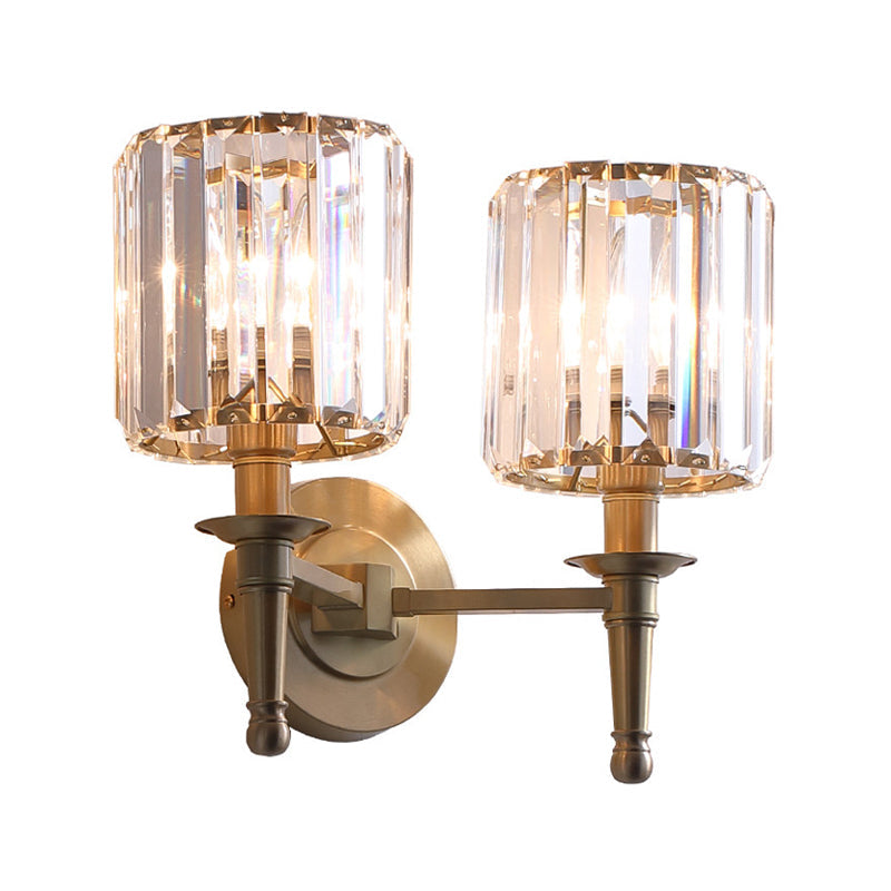 Modern Brass Cylinder Wall Light Sconce With Crystal Shade - 1/2 Lights Metal Mount