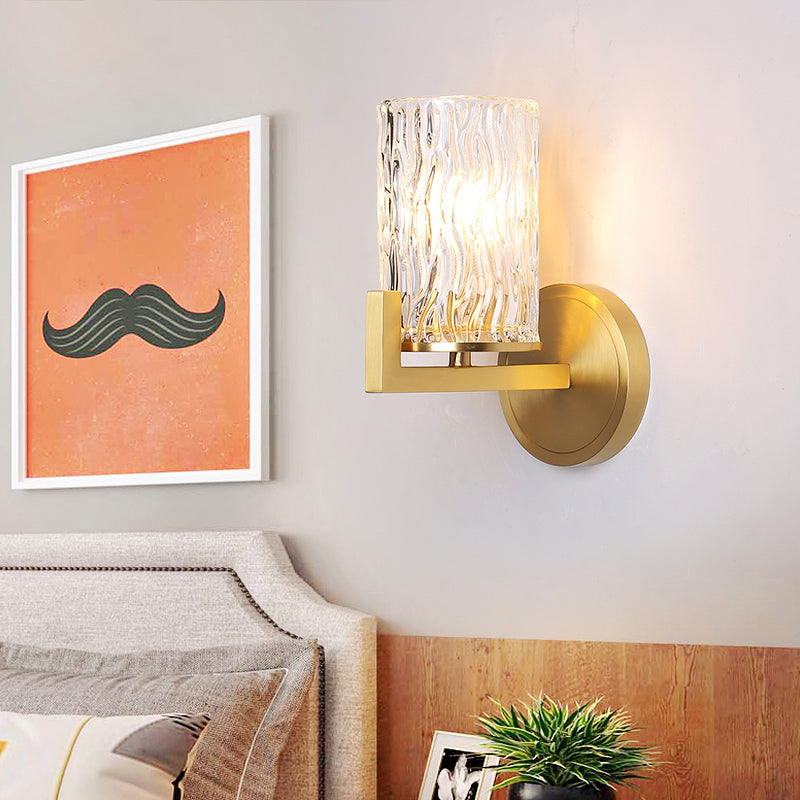 1-Light Brass Wall Mount For Bedroom With Cylinder Rippled Glass