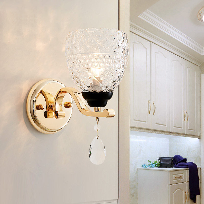 Contemporary Textured Glass Wall Mount Sconce Light With Teardrop Crystal Drop - Chrome Finish