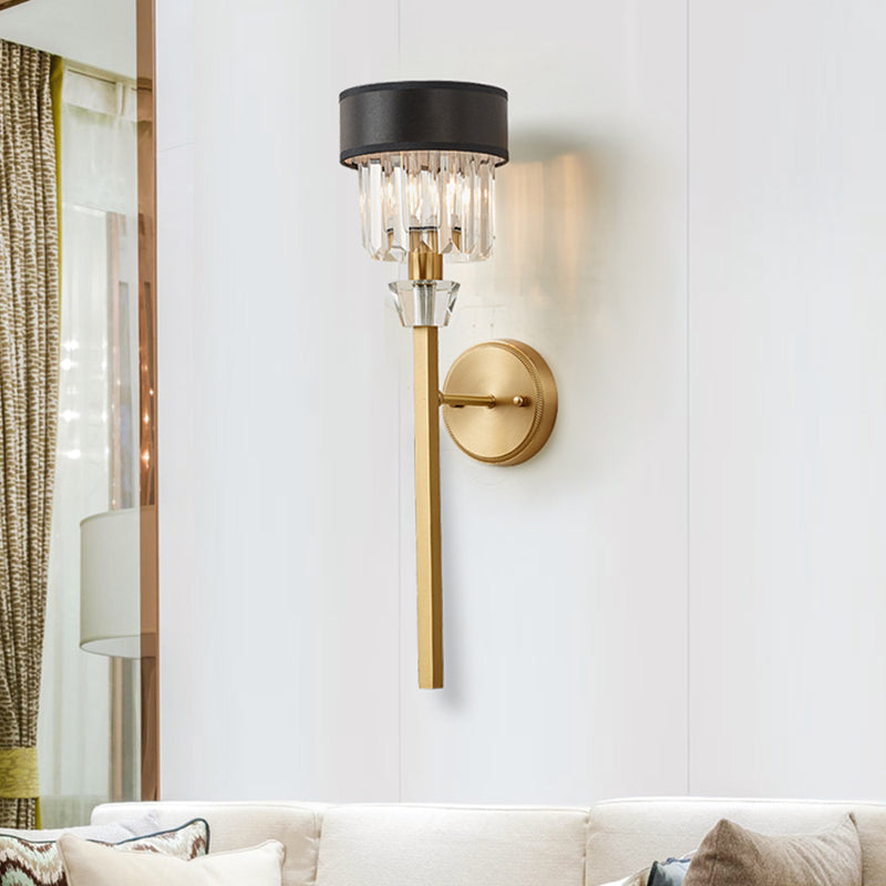Stylish 1-Light Crystal Wall Sconce With Fabric Shade And Brass Cylinder - Modern Mount Light