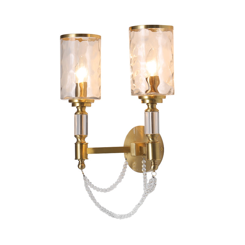Postmodern Water Glass Wall Sconce Light With Crystal Accents - Brass Finish