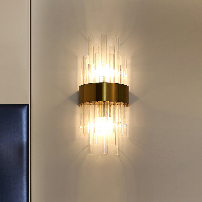 Fluted Glass Cylinder Wall Light Postmodern Brass Hallway Sconce (1-Light Fixture)