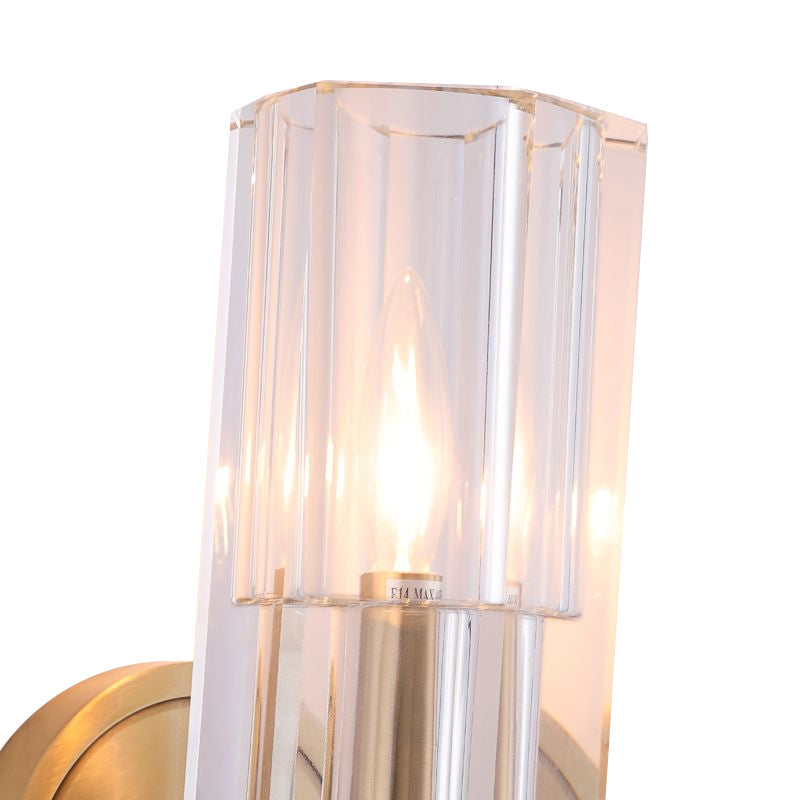 Prismatic Crystal Cylinder Wall Sconce Light - Postmodern 2 Lights Brass Up And Down Mount