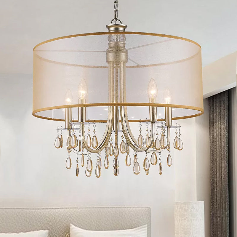 Cylinder Rustic Fabric Ceiling Light With Crystal Drop - 5/8 Lights Gold Chandelier 5 /