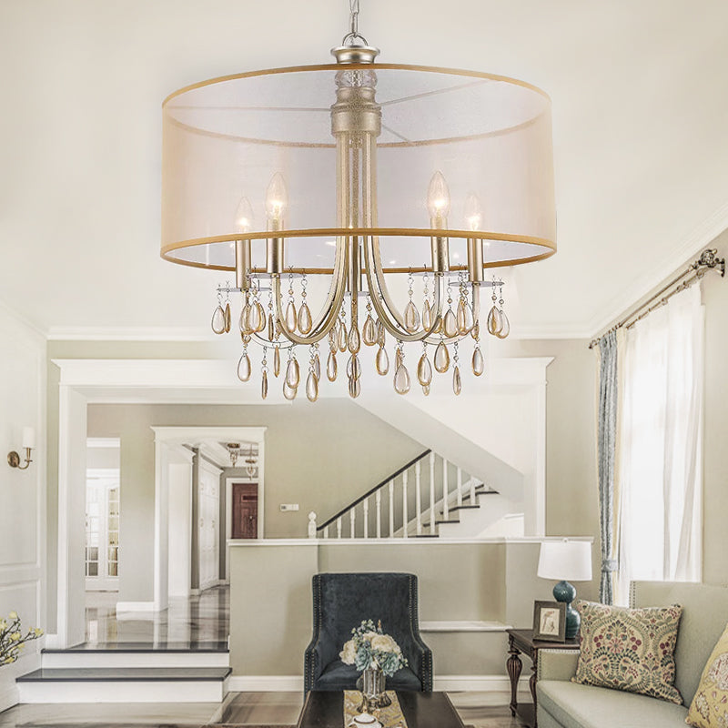 Cylinder Rustic Fabric Ceiling Light With Crystal Drop - 5/8 Lights Gold Chandelier
