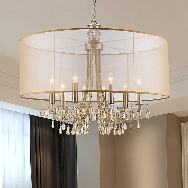 Cylinder Rustic Fabric Ceiling Light With Crystal Drop - 5/8 Lights Gold Chandelier 8 /