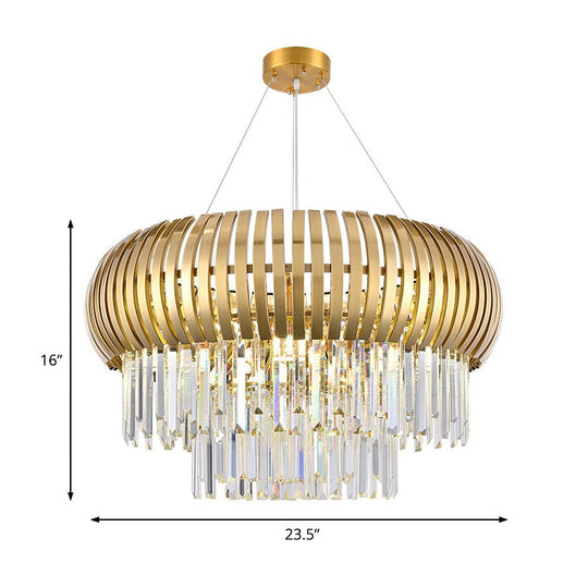 Modern Gold Lantern Chandelier Light with Crystal and Metal Shade - 5-Light Hanging Ceiling Fixture