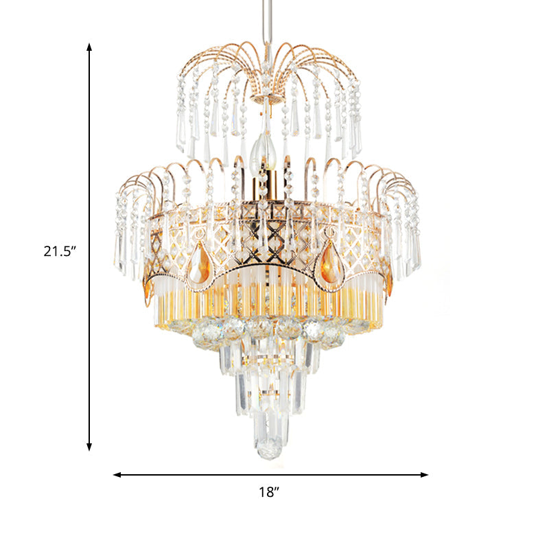 Modern Gold Chandelier Light With Layered Crystal Shade - 3/7 Lights Dining Room Ceiling Lamp