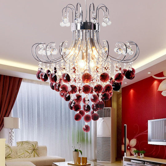 Red Crystal Modern Chandelier With Chrome Finish And 3 Bent Arm Lights