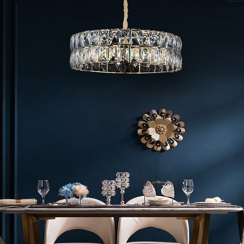 Gold Postmodern Drum Chandelier Light - Faceted Crystal, 8 Lights - Ceiling Hanging Fixture