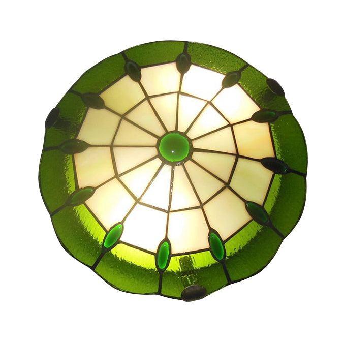 Tiffany Style Green/Yellow Dome Ceiling Lights With Jewel Decoration - 12/16/19.5 Wide Flush Mount