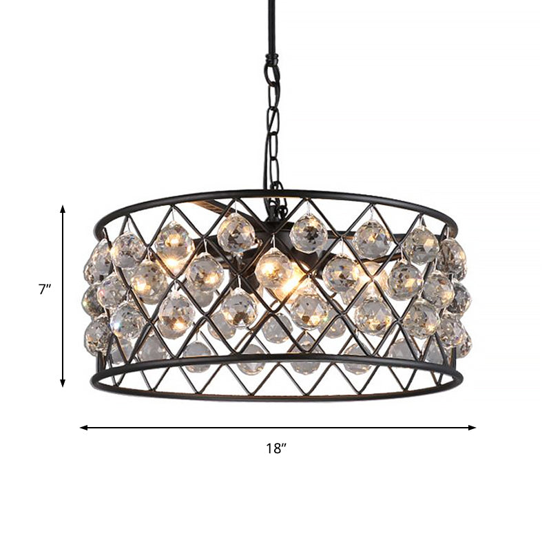 Modern Round Black Chandelier Light with Iron Frame, Metal, and Crystal - 4 Lights